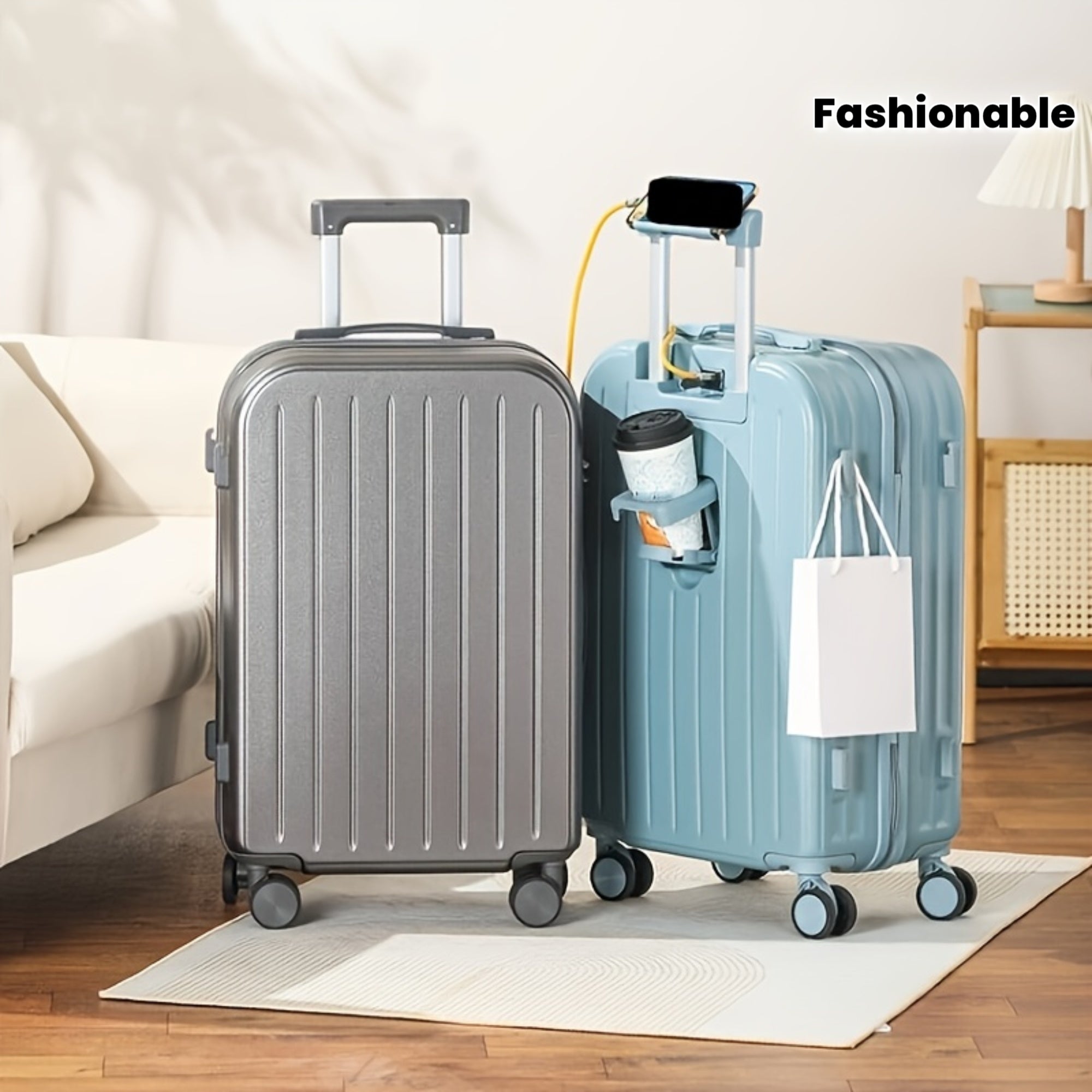 20\u002F24 Inch Stylish PC Zipper Suitcase • Travel Trolley Bag for Women • Featuring a Cup Holder And USB Charging Port
