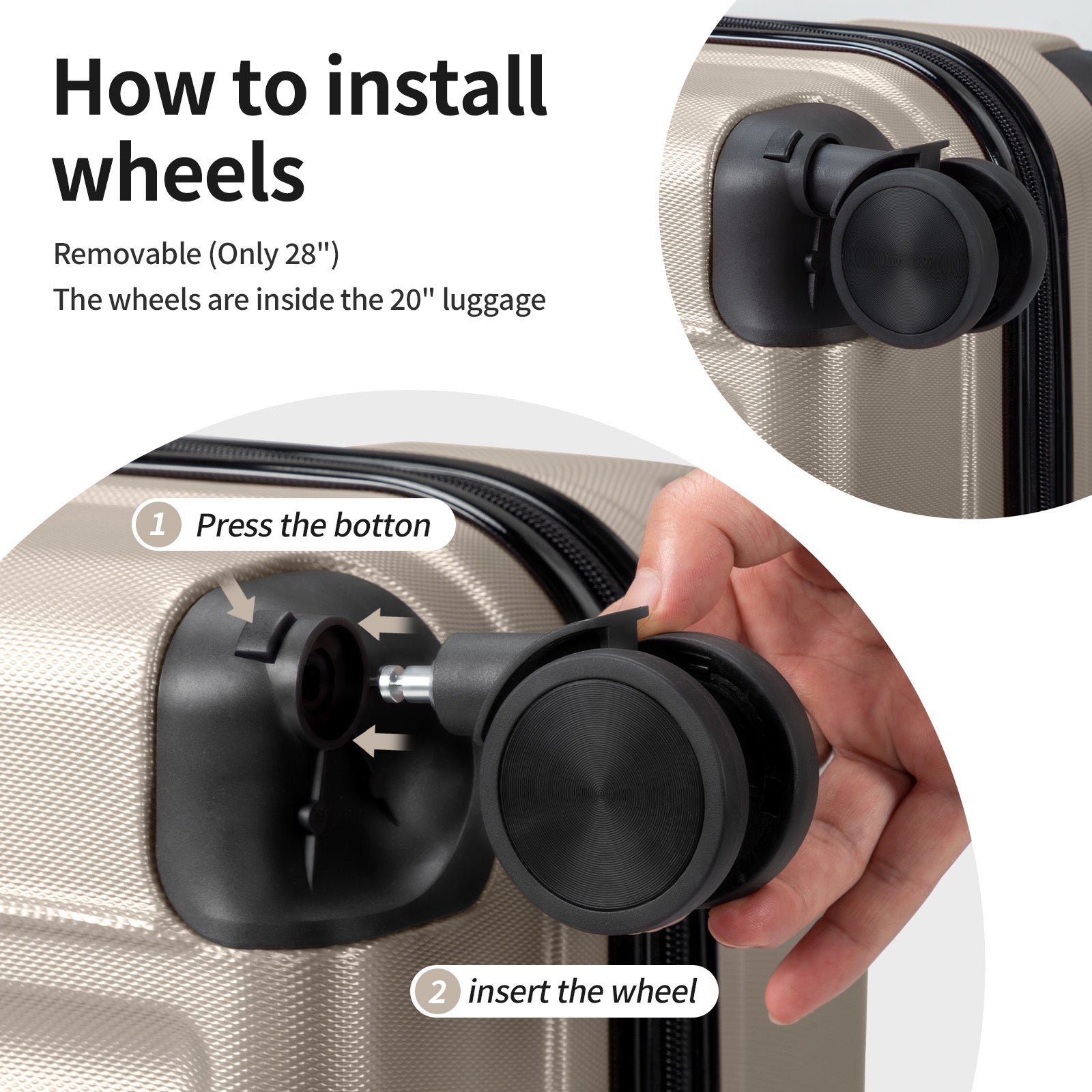 3in1 Luggage Set with Detachable Wheels, 20\u002F24\u002F28 Inch Lightweight ABS Suitcase with Lock & Spinner Wheels, Durable Travel Trolley Bag, 28-inch Disassembly Wheels