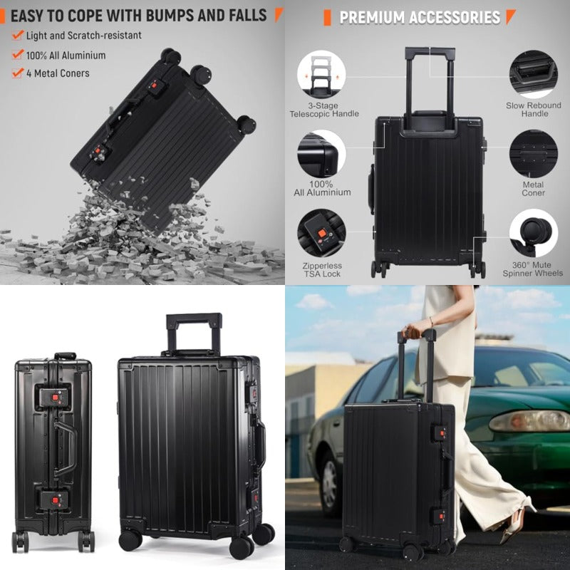 omcriUrbanExplorer All Aluminum Carry On Lage 22x14x9 Airline Appd Heavy Duty Hard Shell Suitcases Zipperl Suitcase with TSA Lock Black 20 Inch