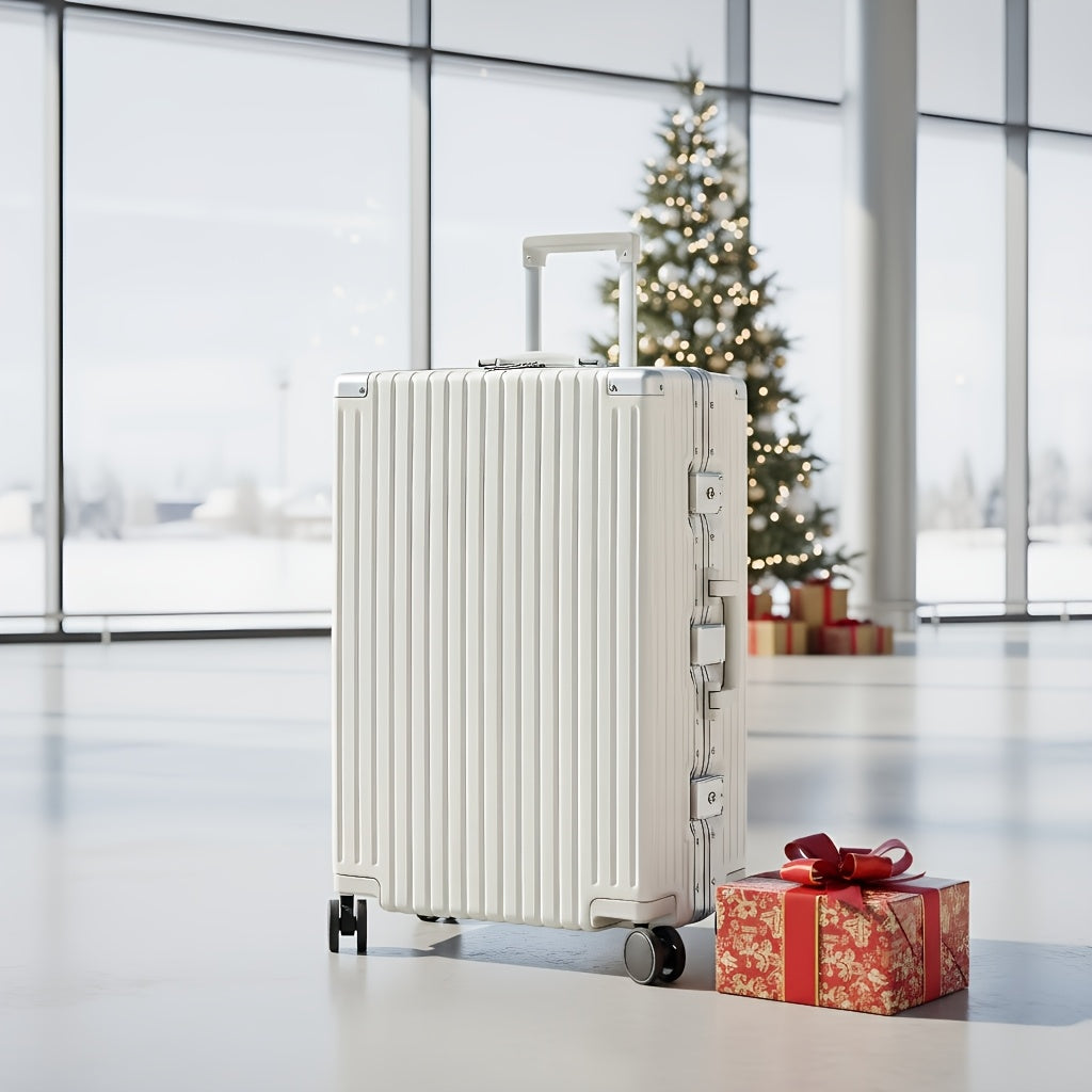 1pc Large Aluminum Alloy Frame Suitcase With Swivel Wheels | Suitable For Men And Women, Travel Essential, Christmas And Holiday Gift, 30 Inches, Ivory, Hard Shell, Combination Lock