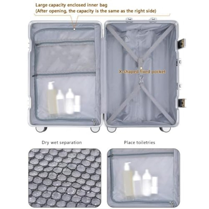 Hand Luggage Zipperless Luggage Aluminum Luggage Packed Luggage with USB Suitcase with Cup Holder with TSA with Aluminum FrameB 26in