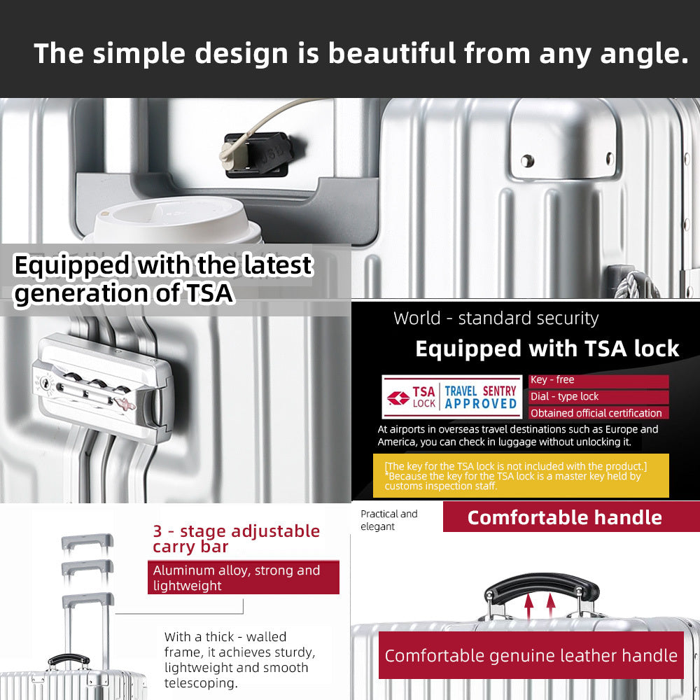 Aluminum Alloy Frame Luggage It Is Equipped with a Cup Holder, Brake Wheels, a Hook, a Built-in USB Charging Port, and a TSA-approved International Combination Lock, Allowing for Smooth Passage Through International Security Checkpoints