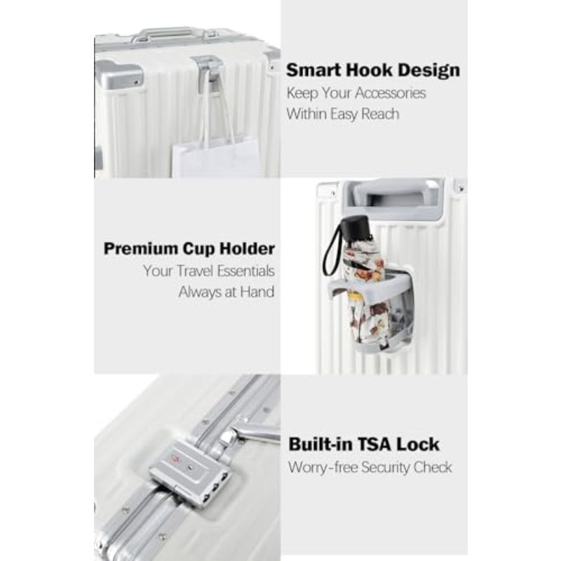 xwlHotWay 26 Inch Aluminum Frame Luggage with Spinner Wheels PC Hard Shell Suitcase with Cup Holder Zipperless Luggage for Business Travel White