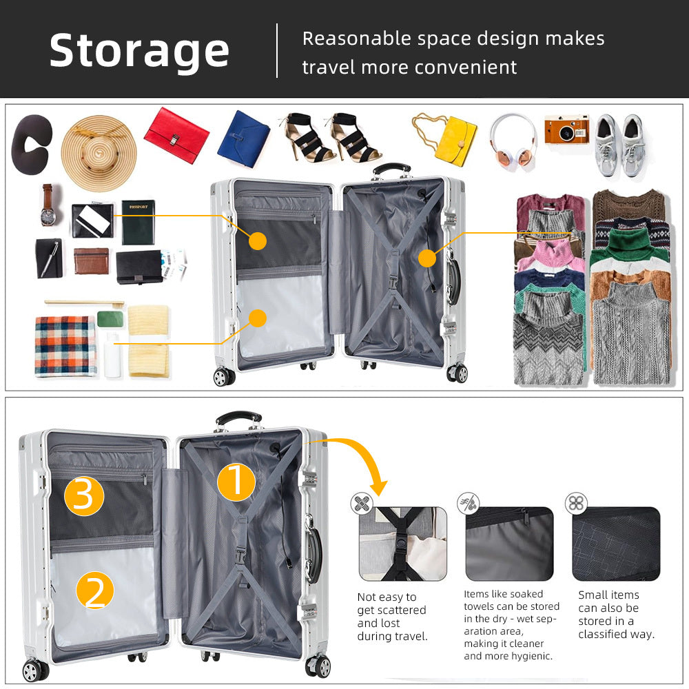 Aluminum Alloy Frame Luggage It Is Equipped with a Cup Holder, Brake Wheels, a Hook, a Built-in USB Charging Port, and a TSA-approved International Combination Lock, Allowing for Smooth Passage Through International Security Checkpoints