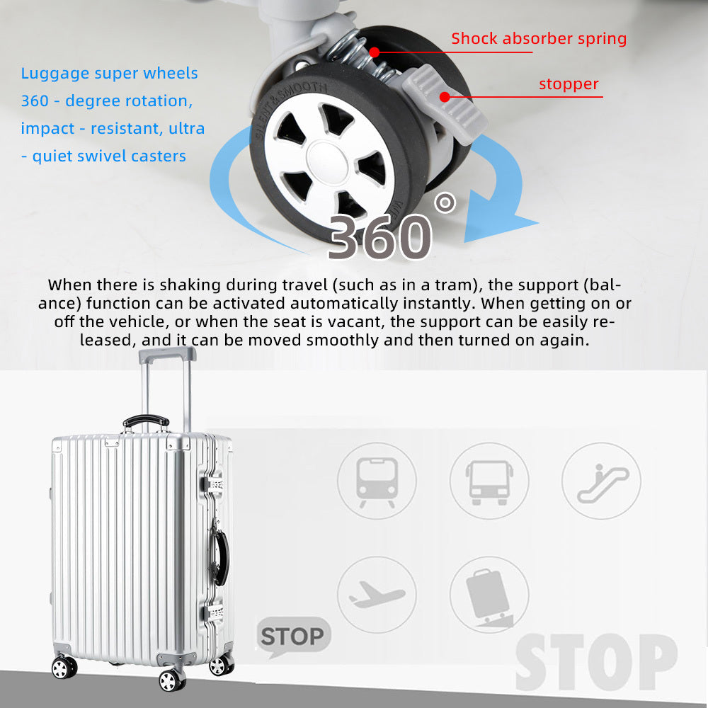 Aluminum Alloy Frame Luggage It Is Equipped with a Cup Holder, Brake Wheels, a Hook, a Built-in USB Charging Port, and a TSA-approved International Combination Lock, Allowing for Smooth Passage Through International Security Checkpoints