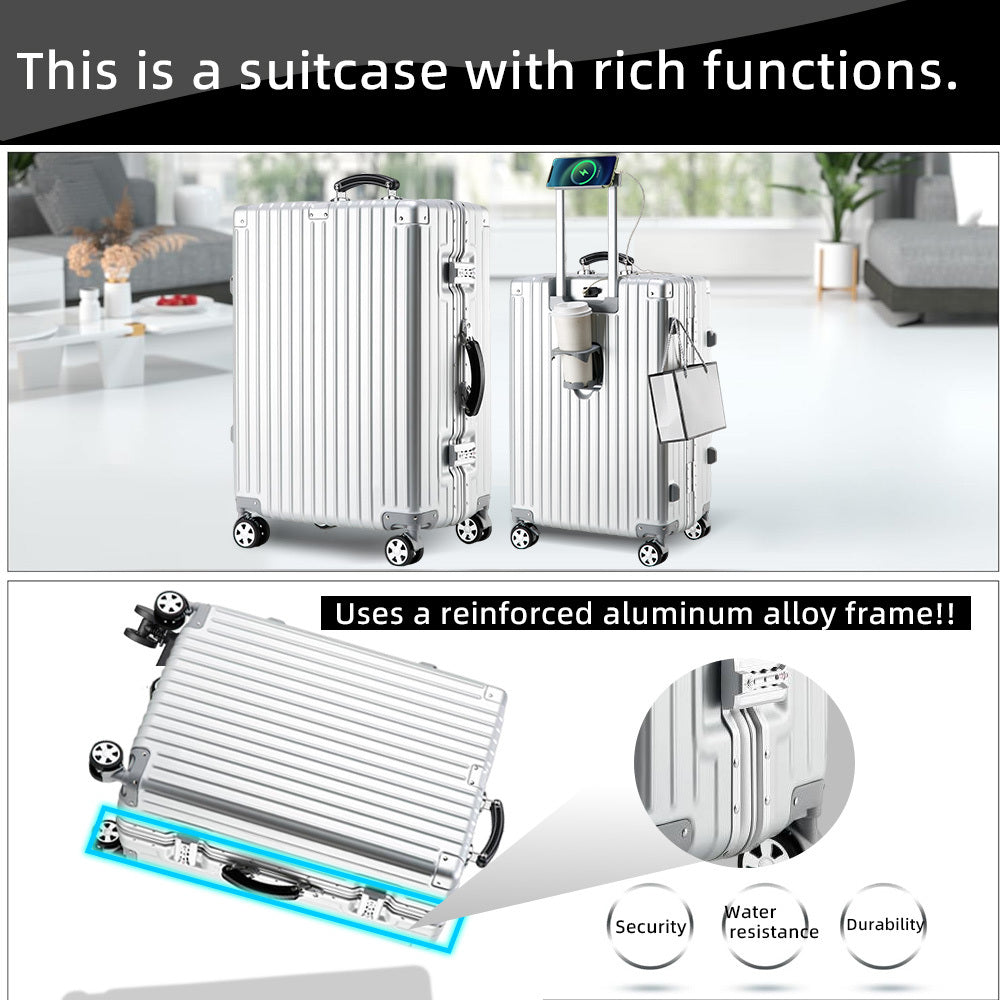 Aluminum Alloy Frame Luggage It Is Equipped with a Cup Holder, Brake Wheels, a Hook, a Built-in USB Charging Port, and a TSA-approved International Combination Lock, Allowing for Smooth Passage Through International Security Checkpoints