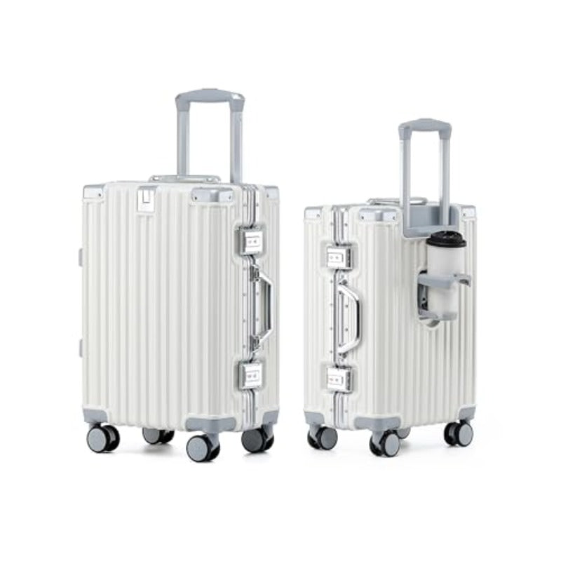 xwlHotWay 26 Inch Aluminum Frame Luggage with Spinner Wheels PC Hard Shell Suitcase with Cup Holder Zipperless Luggage for Business Travel White