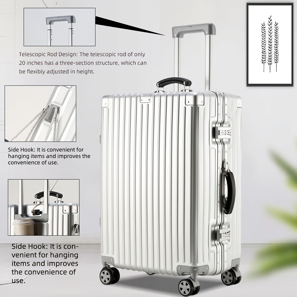Aluminum Alloy Frame Luggage It Is Equipped with a Cup Holder, Brake Wheels, a Hook, a Built-in USB Charging Port, and a TSA-approved International Combination Lock, Allowing for Smooth Passage Through International Security Checkpoints