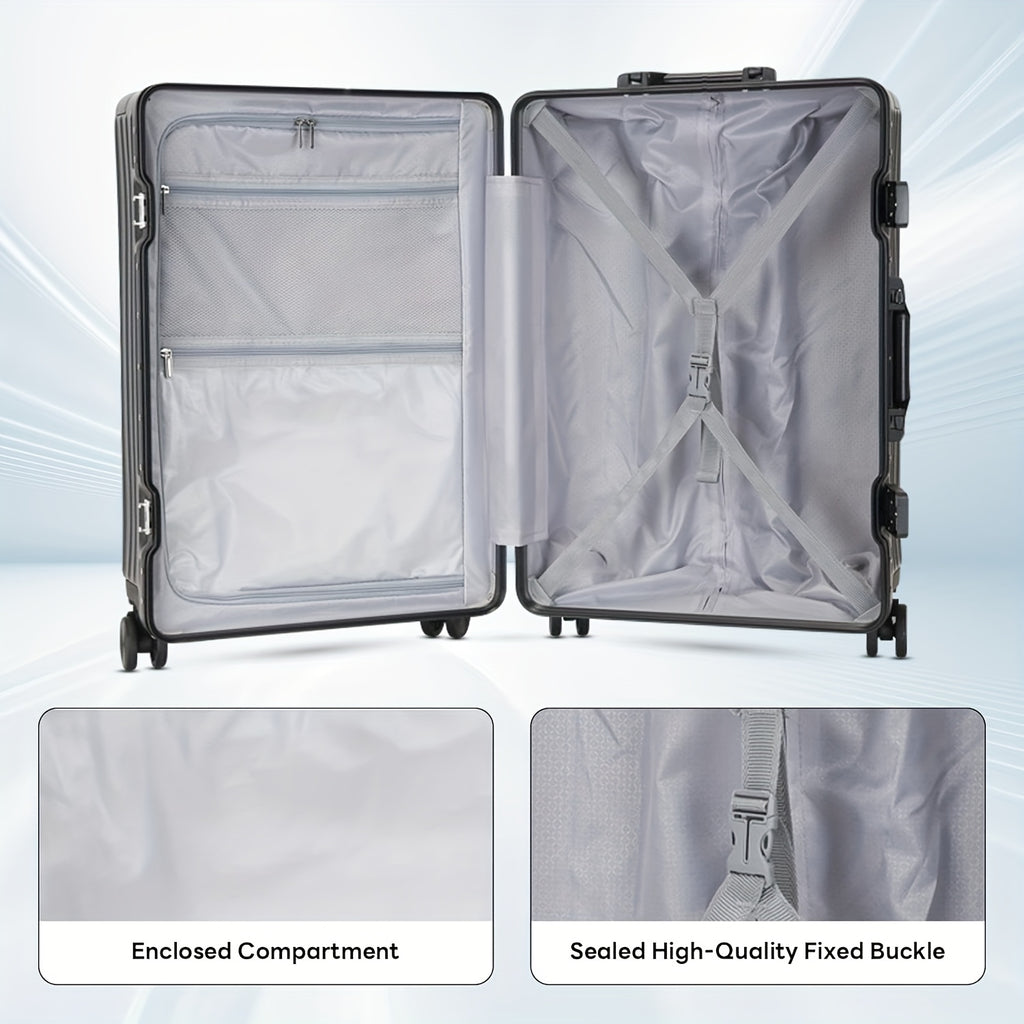 20Inch PC Hard Shell Carry On Luggage with Aluminum Frame Silvery Suitcase with Cup Holder And USB Port Zipperless Design Ideal for Business Travel