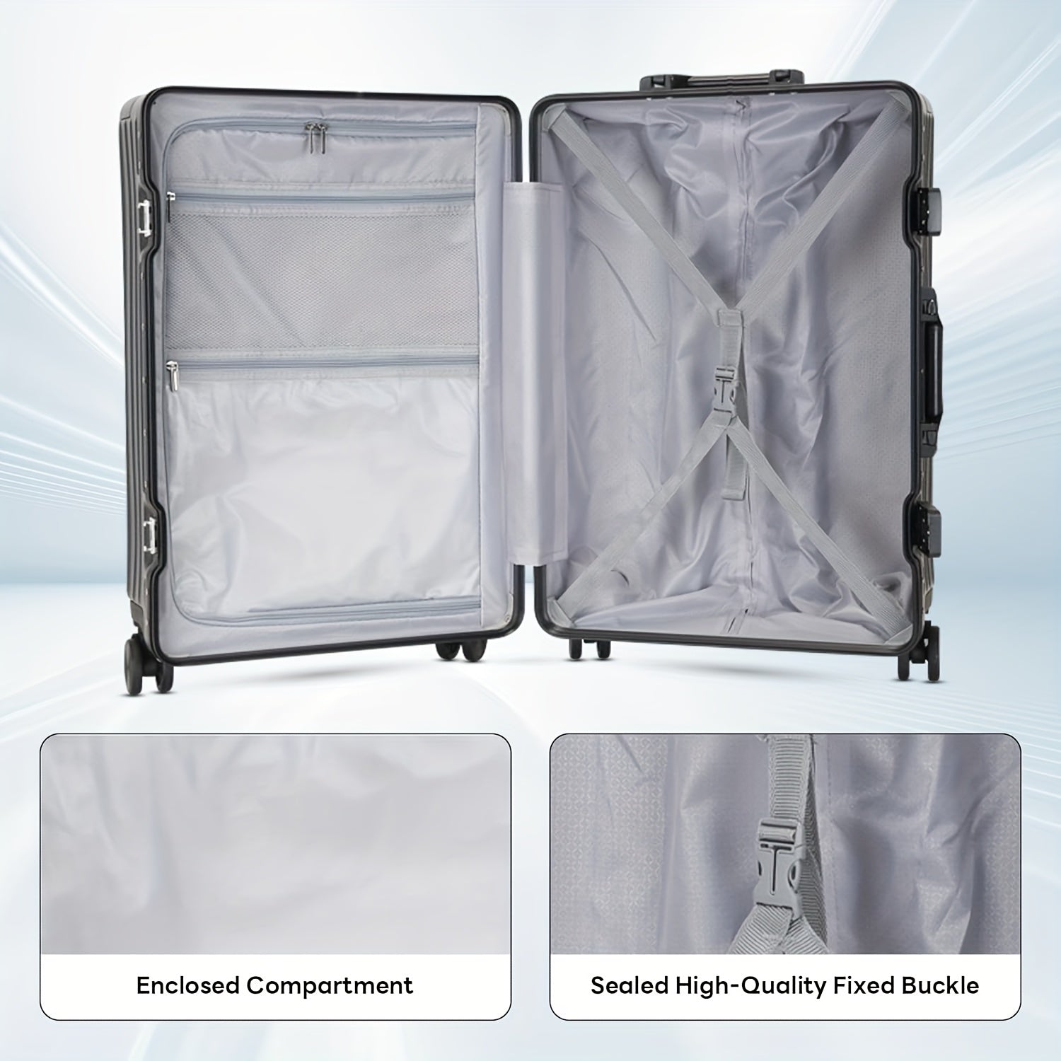 20Inch PC Hard Shell Carry On Luggage with Aluminum Frame Silvery Suitcase with Cup Holder And USB Port Zipperless Design Ideal for Business Travel