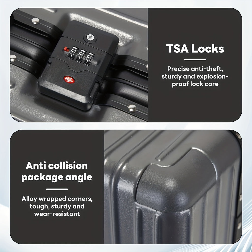 20Inch PC Hard Shell Carry On Luggage with Aluminum Frame Silvery Suitcase with Cup Holder And USB Port Zipperless Design Ideal for Business Travel