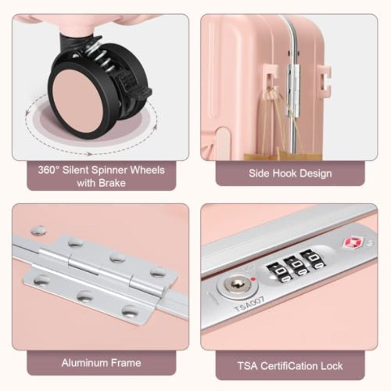 omcriCarry On Lage Double Handle Suitcase with Net PocketHard Shell Spinner Wheels Lage with TSA LockandSeat Belt 20 inch Pink