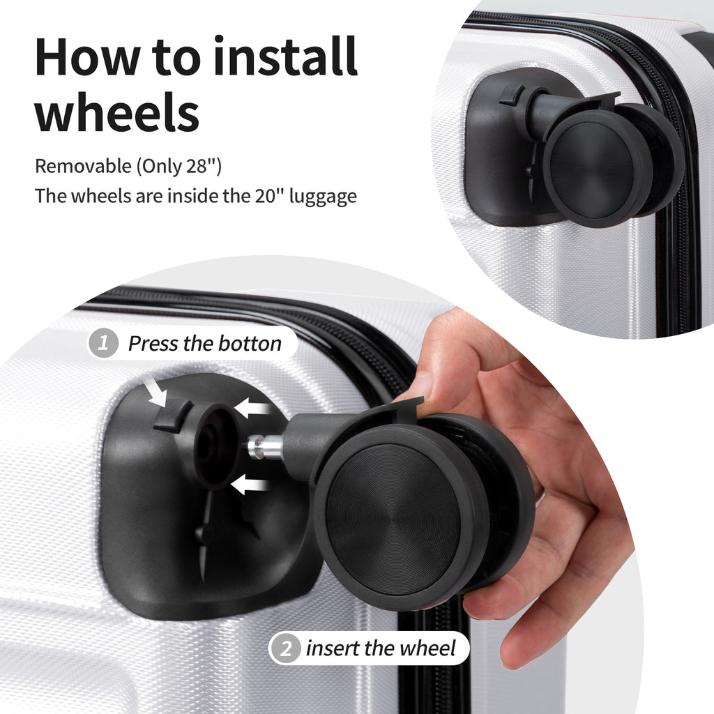 3in1 Luggage Set with Detachable Wheels, 20\u002F24\u002F28 Inch Lightweight ABS Suitcase with Lock & Spinner Wheels, Durable Travel Trolley Bag, 28-inch Disassembly Wheels