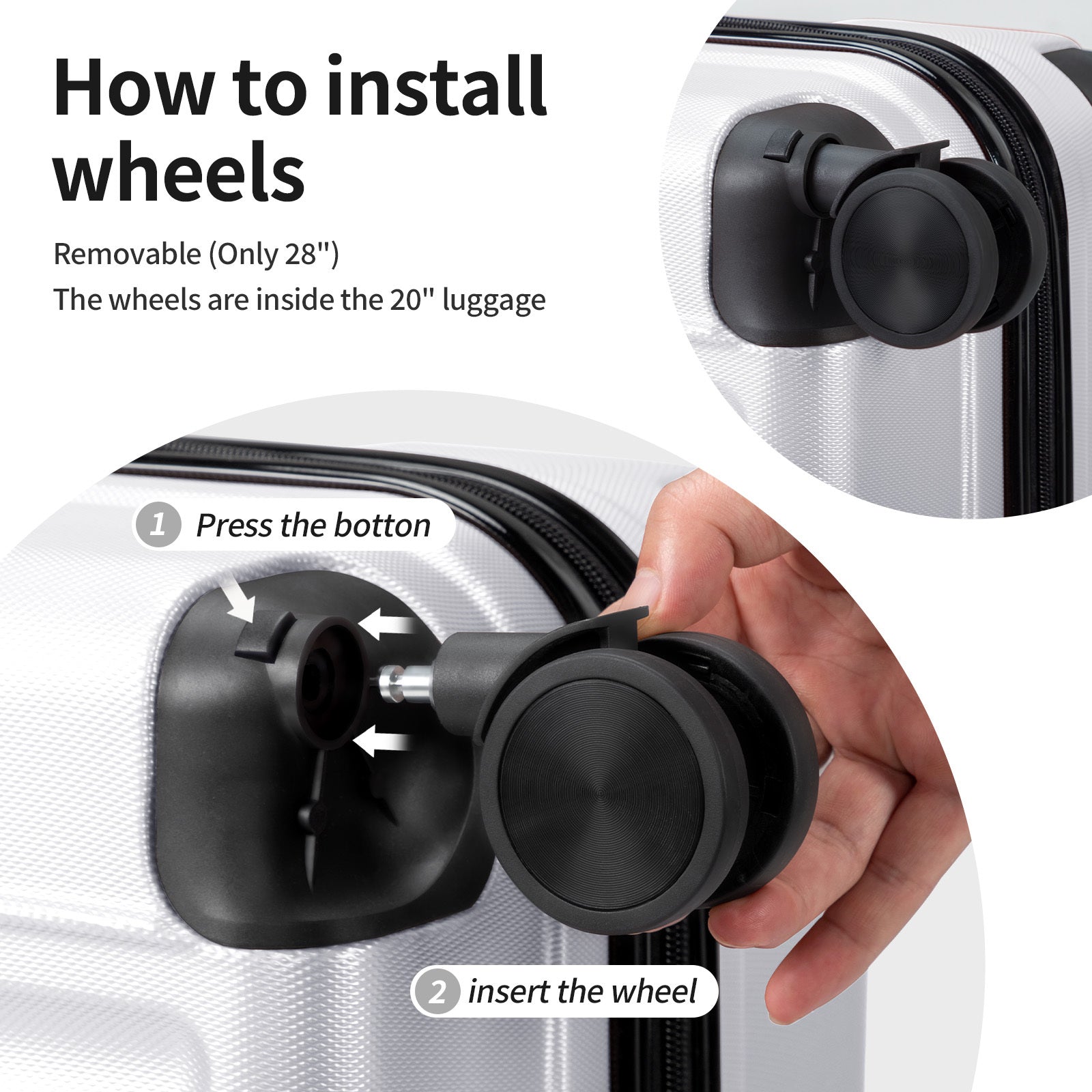 3in1 Luggage Set with Detachable Wheels, 20\u002F24\u002F28 Inch Lightweight ABS Suitcase with Lock & Spinner Wheels, Durable Travel Trolley Bag, 28-inch Disassembly Wheels