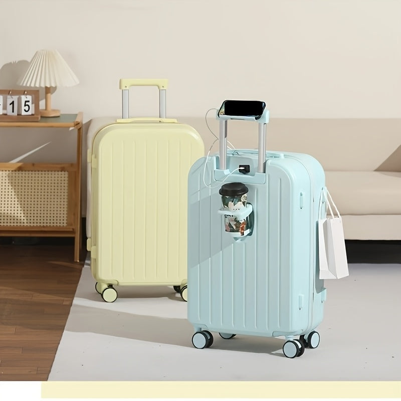 20\u002F24 Inch Stylish PC Zipper Suitcase • Travel Trolley Bag for Women • Featuring a Cup Holder And USB Charging Port