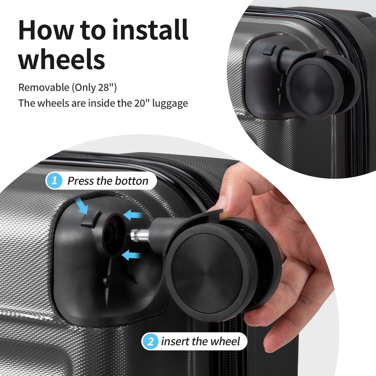 3in1 Luggage Set with Detachable Wheels, 20\u002F24\u002F28 Inch Lightweight ABS Suitcase with Lock & Spinner Wheels, Durable Travel Trolley Bag, 28-inch Disassembly Wheels