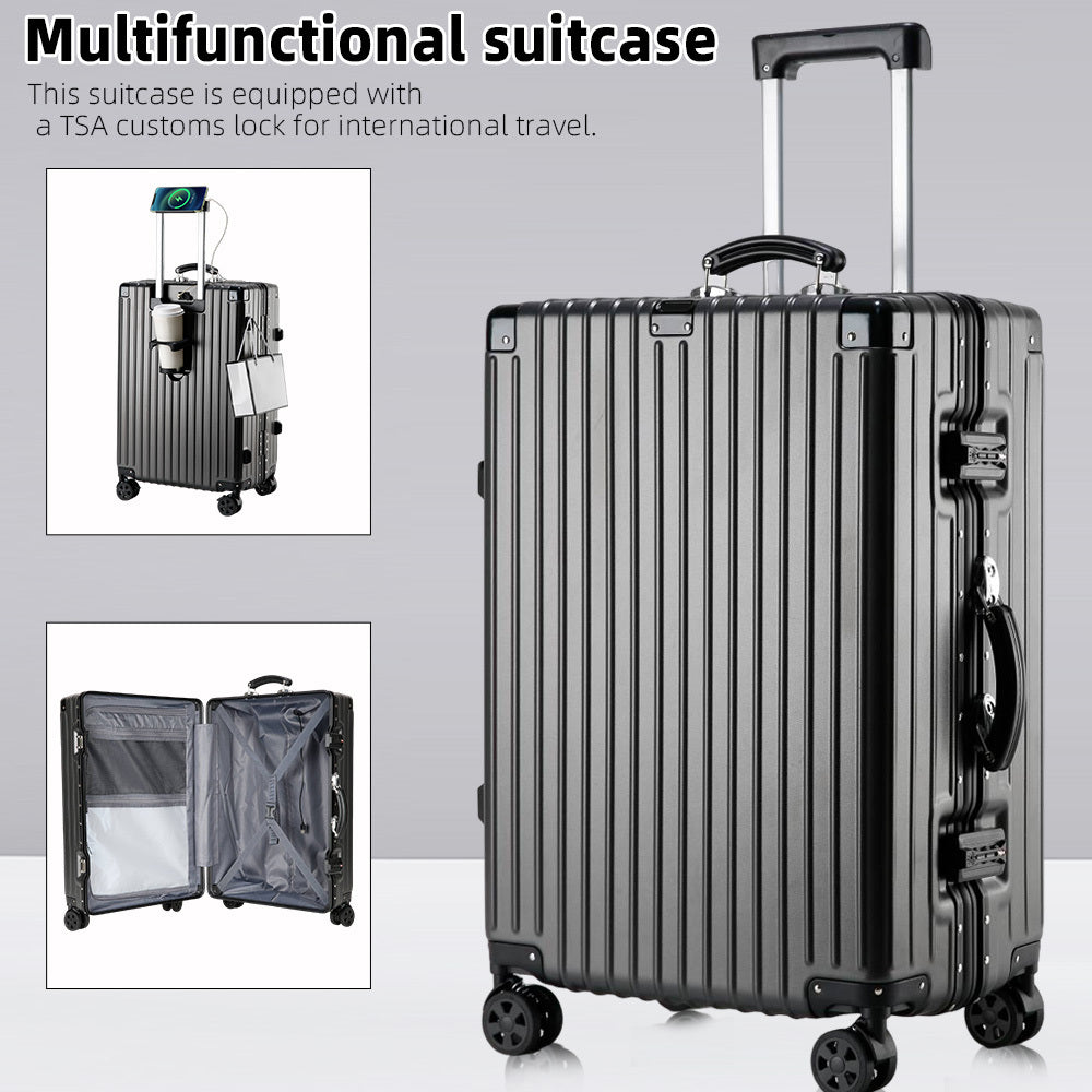 Aluminum Alloy Frame Luggage It Is Equipped with a Cup Holder, Brake Wheels, a Hook, a Built-in USB Charging Port, and a TSA-approved International Combination Lock, Allowing for Smooth Passage Through International Security Checkpoints