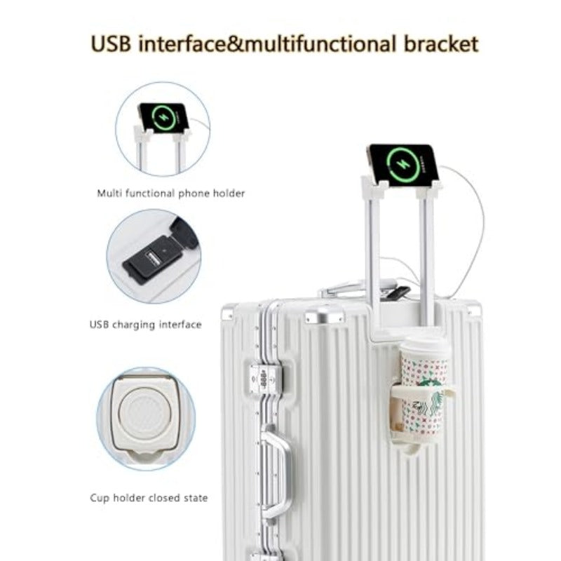 Hand Luggage Zipperless Luggage Aluminum Luggage Packed Luggage with USB Suitcase with Cup Holder with TSA with Aluminum FrameB 24in