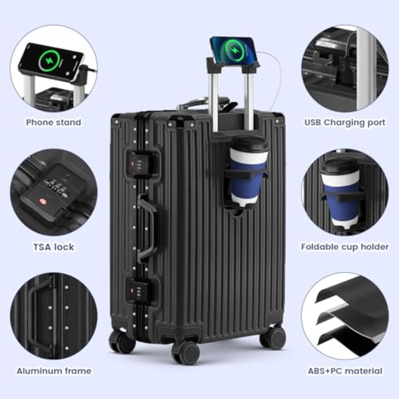 24-Inch Zipperless Carry-On Suitcase with an Aluminum Frame, Hard Shell, Tsa-Approved Lock, Spinner Wheels, Phone Holder, Charging Port, And Cup Holder, Designed for Lightweight Travel in Black