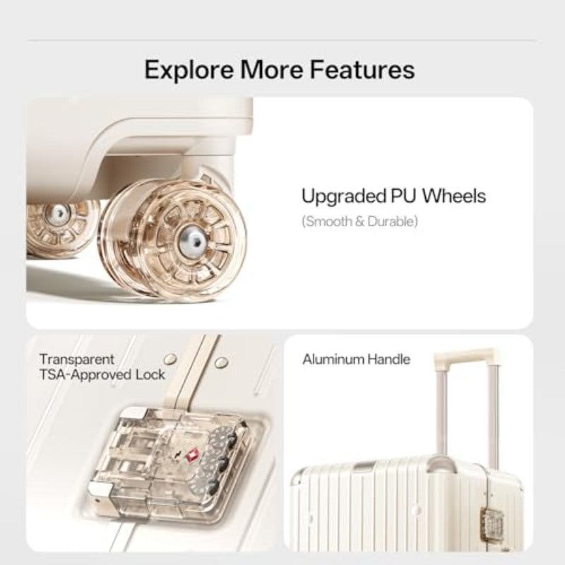 20-Inch Beige Carry-On Suitcase - Hard Shell Trunk with Aluminum Frame, Zipperless Design, Airline Approved, Features Detachable Liner And Wheels