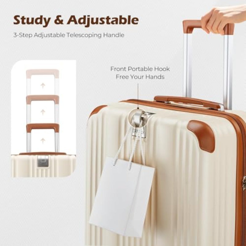 omcriLage Set 3 Piece with Cup HolderHardshell TSA Lock Spinner Wheels Carry on Lightweight Suitcase Hook and YKK Zippers for Valentine Gifts Beige 5 piece sets (20\u002F24\u002F28\u002FDB\u002FTB )