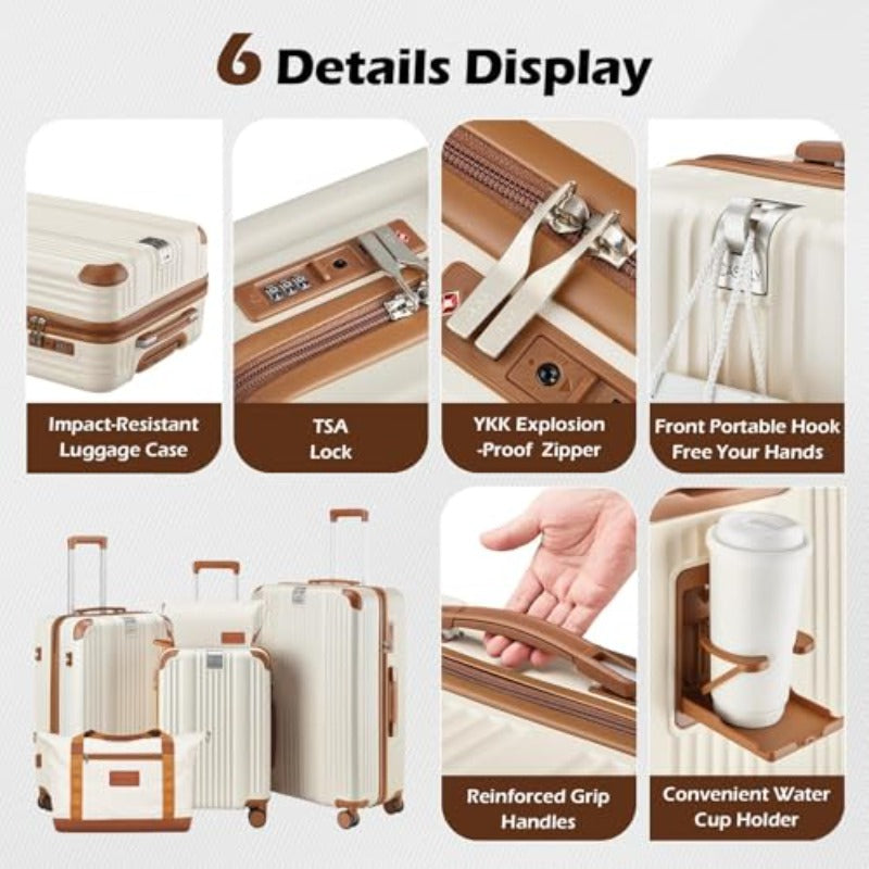 omcriLage Set 3 Piece with Cup HolderHardshell TSA Lock Spinner Wheels Carry on Lightweight Suitcase Hook and YKK Zippers for Valentine Gifts Beige 5 piece sets (20\u002F24\u002F28\u002FDB\u002FTB )
