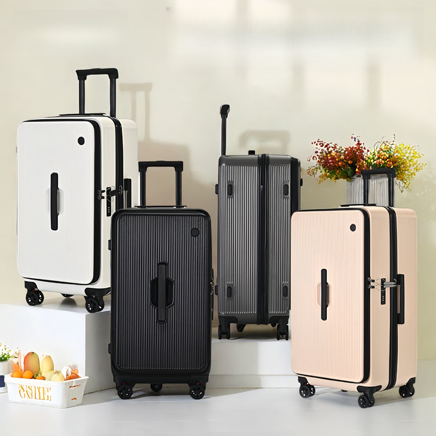 Large Capacity Rolling Suitcase with a Side-Opening Zipper, Made from PC Material for Travel
