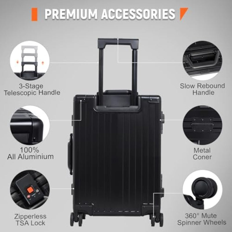 omcriUrbanExplorer All Aluminum Carry On Lage 22x14x9 Airline Appd Heavy Duty Hard Shell Suitcases Zipperl Suitcase with TSA Lock Black 20 Inch