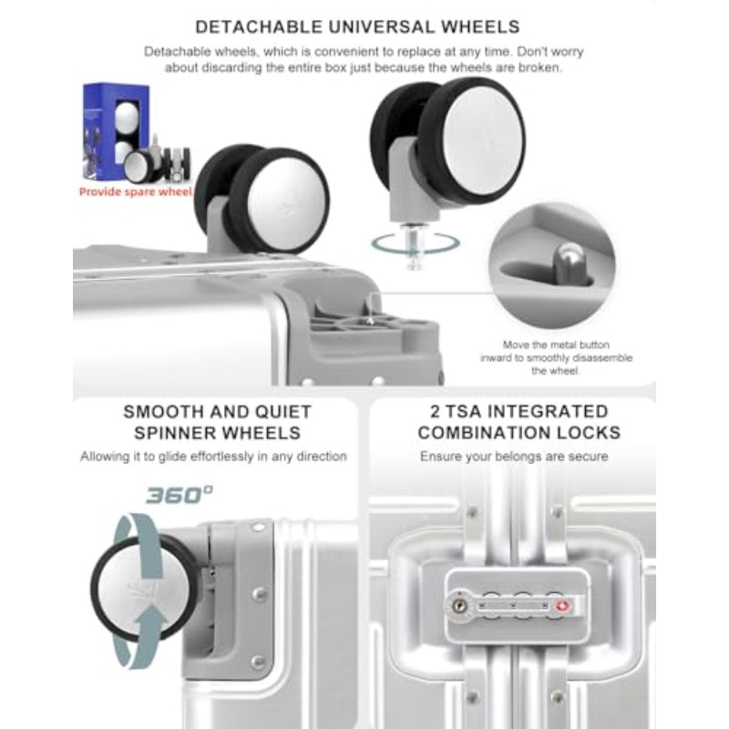 All Aluminum 20'' Luggage with Removable Spinner WheelsProvide Spare Wheels. Carry on Luggage 22 X 14 X 9 Airline Approved Lightweight Metal Hard Shell Zipperless Suitcase