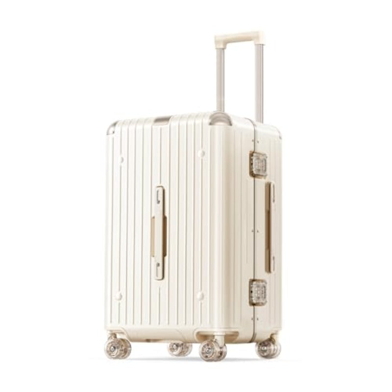 20-Inch Beige Carry-On Suitcase - Hard Shell Trunk with Aluminum Frame, Zipperless Design, Airline Approved, Features Detachable Liner And Wheels