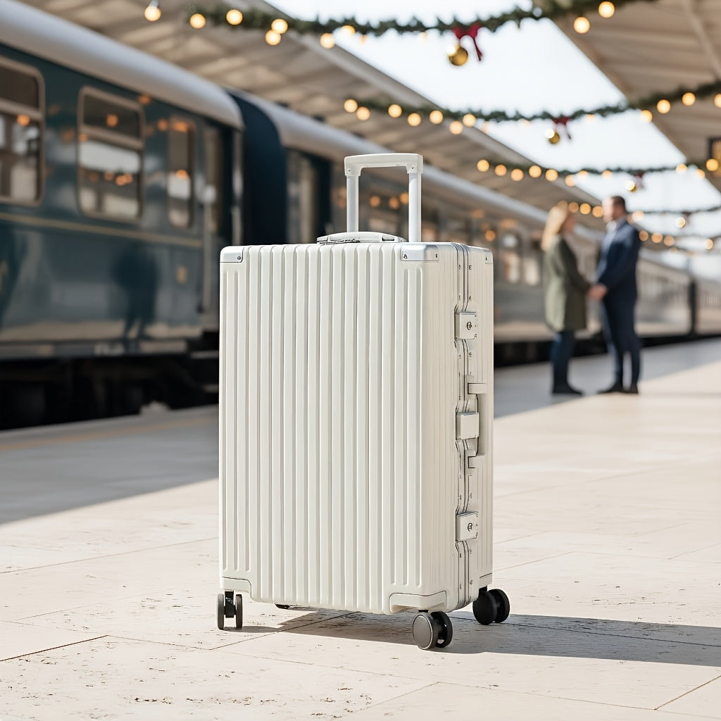 1pc Large Aluminum Alloy Frame Suitcase With Swivel Wheels | Suitable For Men And Women, Travel Essential, Christmas And Holiday Gift, 30 Inches, Ivory, Hard Shell, Combination Lock