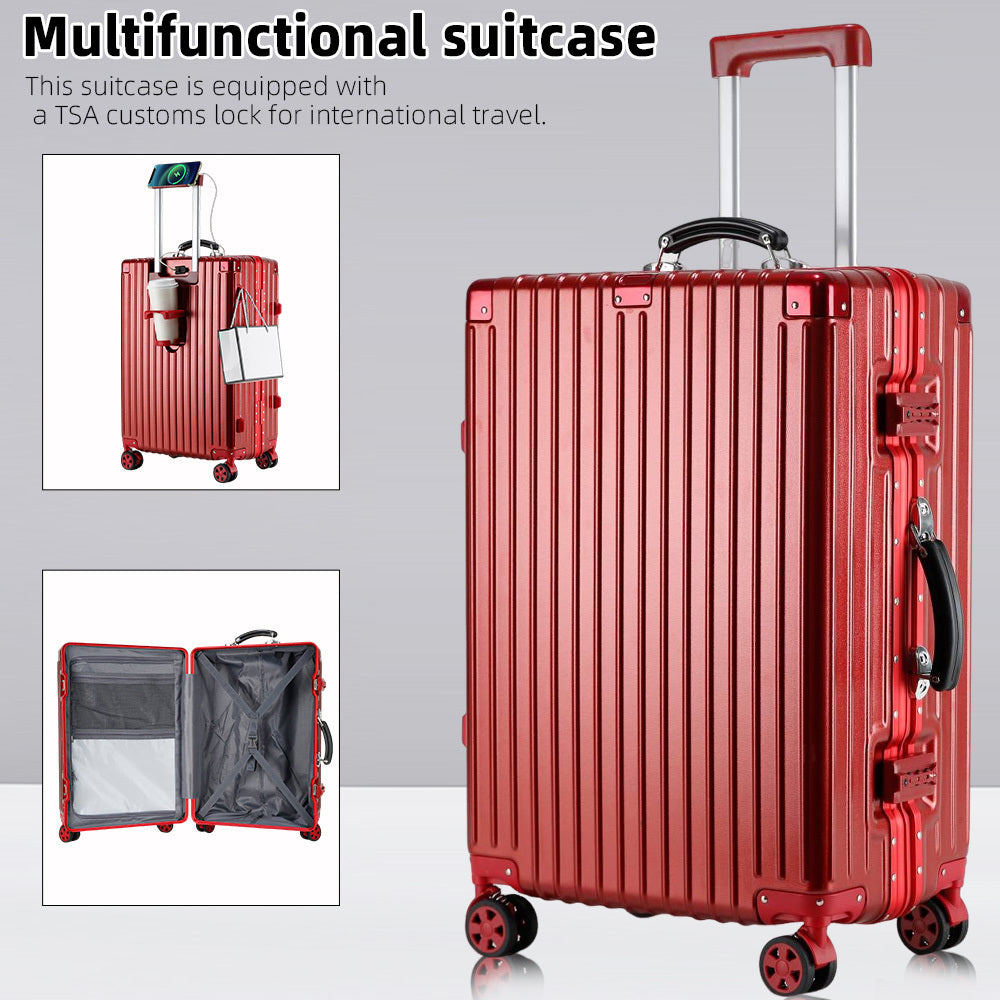 Aluminum Alloy Frame Luggage It Is Equipped with a Cup Holder, Brake Wheels, a Hook, a Built-in USB Charging Port, and a TSA-approved International Combination Lock, Allowing for Smooth Passage Through International Security Checkpoints