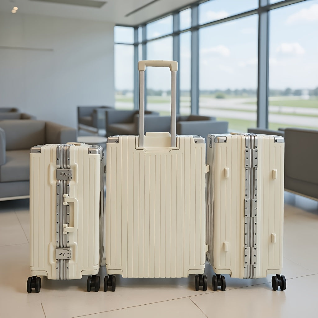 1pc Large Aluminum Alloy Frame Suitcase With Swivel Wheels | Suitable For Men And Women, Travel Essential, Christmas And Holiday Gift, 30 Inches, Ivory, Hard Shell, Combination Lock