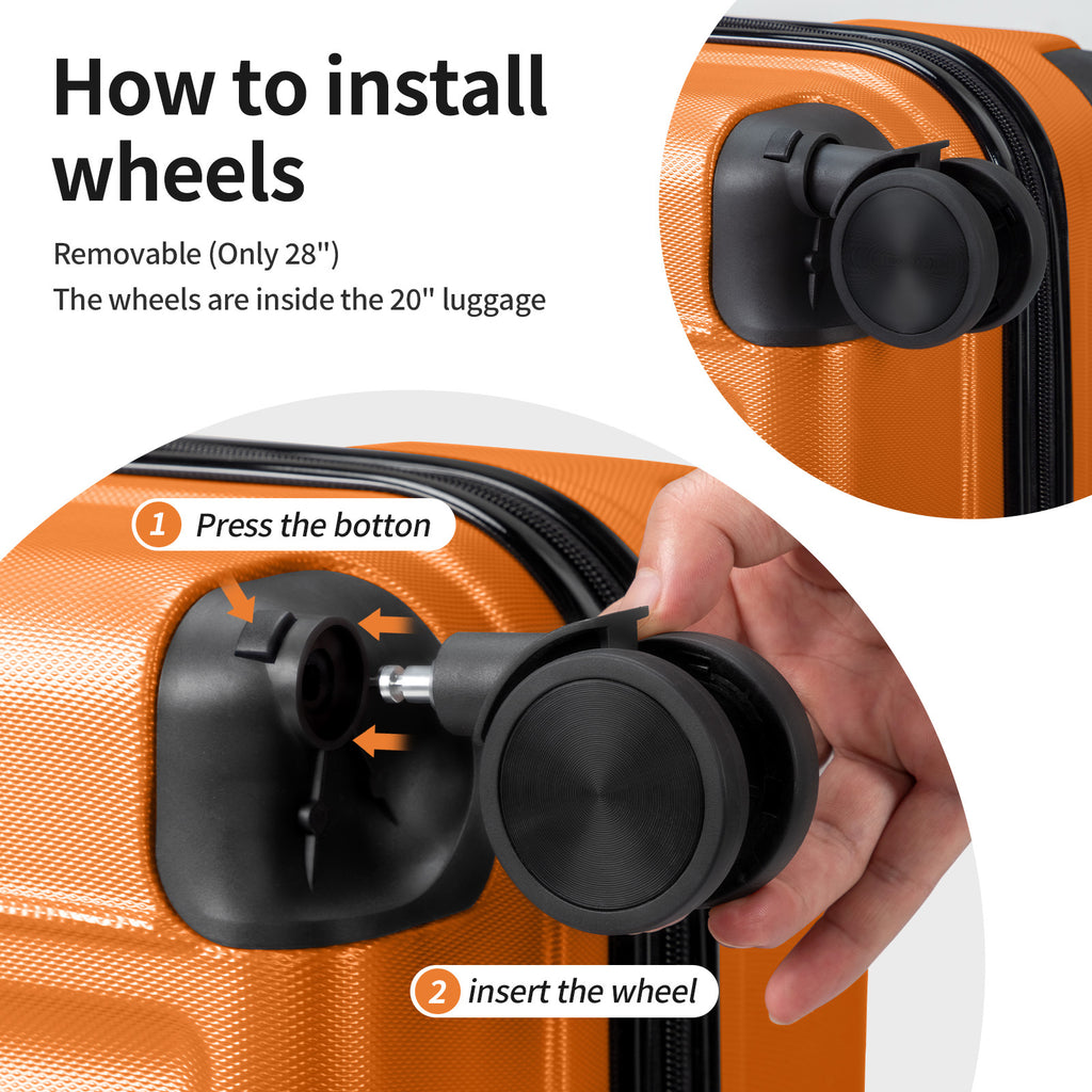 3in1 Luggage Set with Detachable Wheels, 20\u002F24\u002F28 Inch Lightweight ABS Suitcase with Lock & Spinner Wheels, Durable Travel Trolley Bag, 28-inch Disassembly Wheels