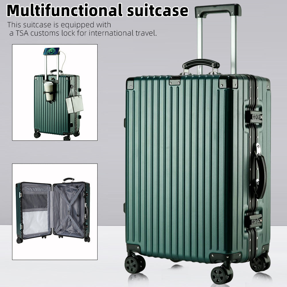 Aluminum Alloy Frame Luggage It Is Equipped with a Cup Holder, Brake Wheels, a Hook, a Built-in USB Charging Port, and a TSA-approved International Combination Lock, Allowing for Smooth Passage Through International Security Checkpoints