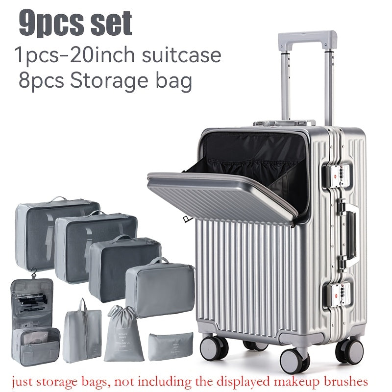 Luggage Set 9pcs 9pcs Luggage Set Including 20 And 24-Inch Suitcases, a Travel Storage Bag, And a Hard TSA Lock. The 20-Inch Carry-On Suitcase Features an Aluminum Frame, a Hardside Design