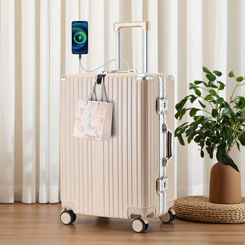 20Inch PC Hard Shell Carry On Luggage with Aluminum Frame Silvery Suitcase with Cup Holder And USB Port Zipperless Design Ideal for Business Travel