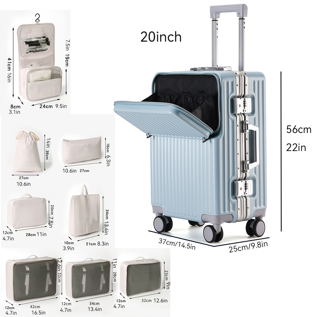 Luggage Set 9pcs 9pcs Luggage Set Including 20 And 24-Inch Suitcases, a Travel Storage Bag, And a Hard TSA Lock. The 20-Inch Carry-On Suitcase Features an Aluminum Frame, a Hardside Design