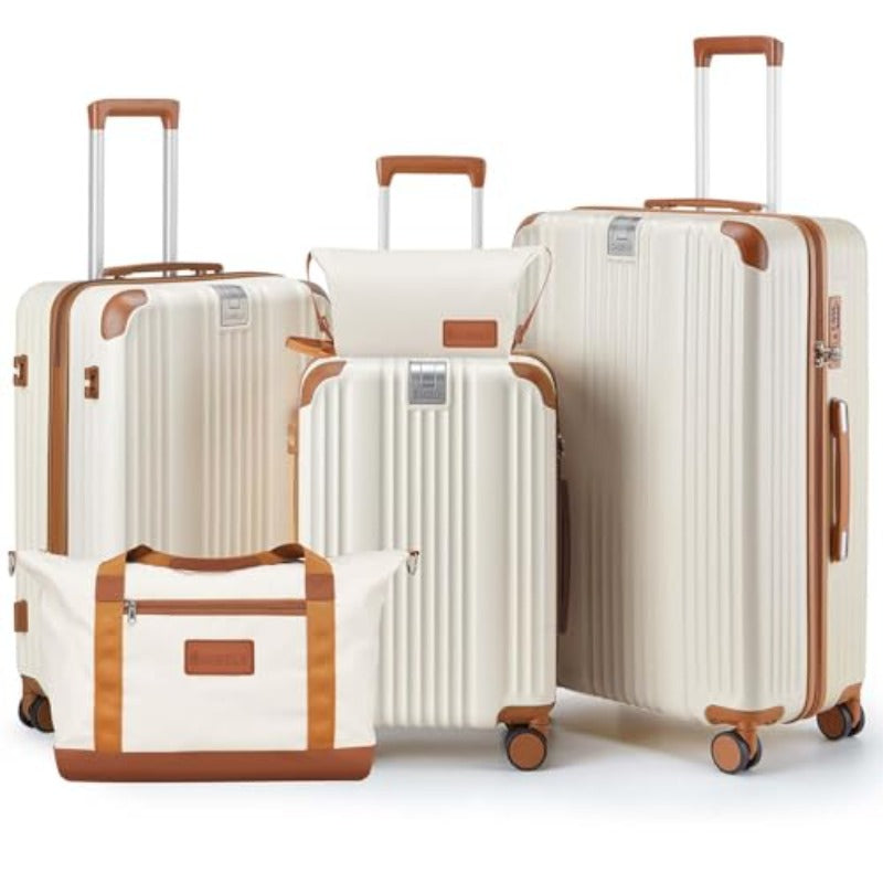 omcriLage Set 3 Piece with Cup HolderHardshell TSA Lock Spinner Wheels Carry on Lightweight Suitcase Hook and YKK Zippers for Valentine Gifts Beige 5 piece sets (20\u002F24\u002F28\u002FDB\u002FTB )