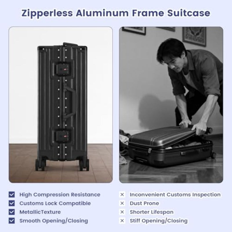 24-Inch Zipperless Carry-On Suitcase with an Aluminum Frame, Hard Shell, Tsa-Approved Lock, Spinner Wheels, Phone Holder, Charging Port, And Cup Holder, Designed for Lightweight Travel in Black