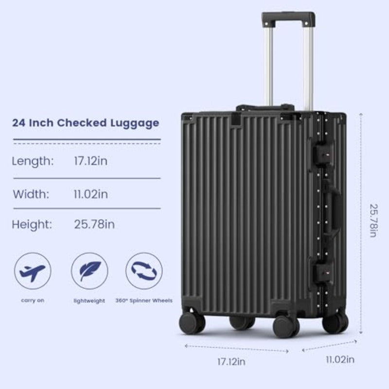 24-Inch Zipperless Carry-On Suitcase with an Aluminum Frame, Hard Shell, Tsa-Approved Lock, Spinner Wheels, Phone Holder, Charging Port, And Cup Holder, Designed for Lightweight Travel in Black