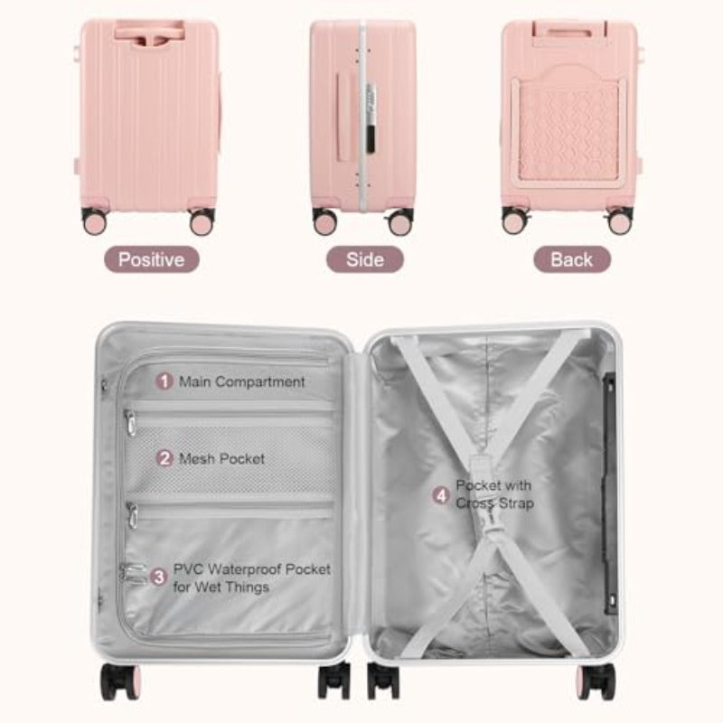 omcriCarry On Lage Double Handle Suitcase with Net PocketHard Shell Spinner Wheels Lage with TSA LockandSeat Belt 20 inch Pink