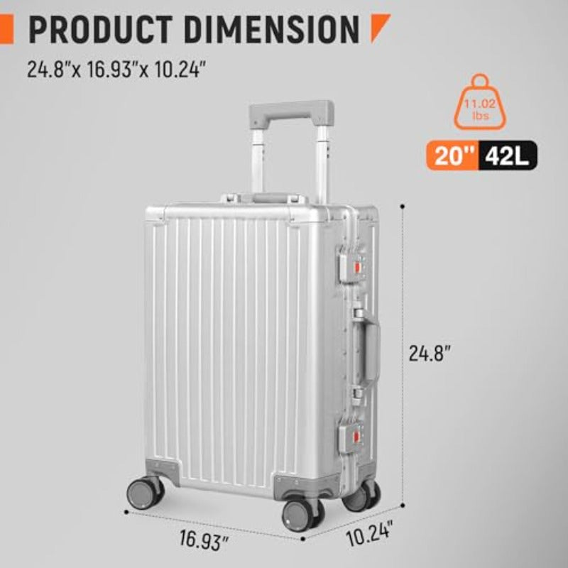 omcriUrbanExplorer All Aluminum Carry On Lage 22x14x9 Airline Appd Heavy Duty Hard Shell Suitcases Zipperl Suitcase with TSA Lock Sliver 20 Inch