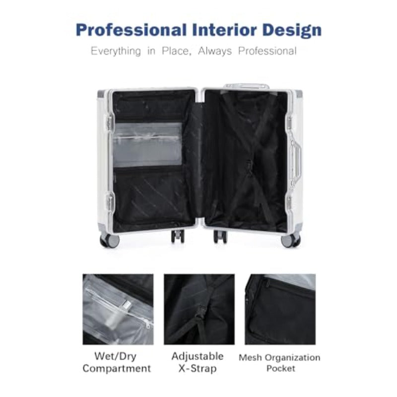 xwlHotWay 26 Inch Aluminum Frame Luggage with Spinner Wheels PC Hard Shell Suitcase with Cup Holder Zipperless Luggage for Business Travel White