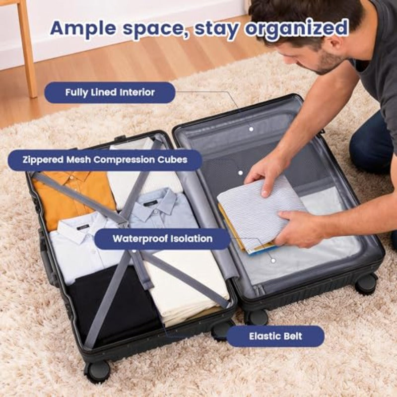 24-Inch Zipperless Carry-On Suitcase with an Aluminum Frame, Hard Shell, Tsa-Approved Lock, Spinner Wheels, Phone Holder, Charging Port, And Cup Holder, Designed for Lightweight Travel in Black