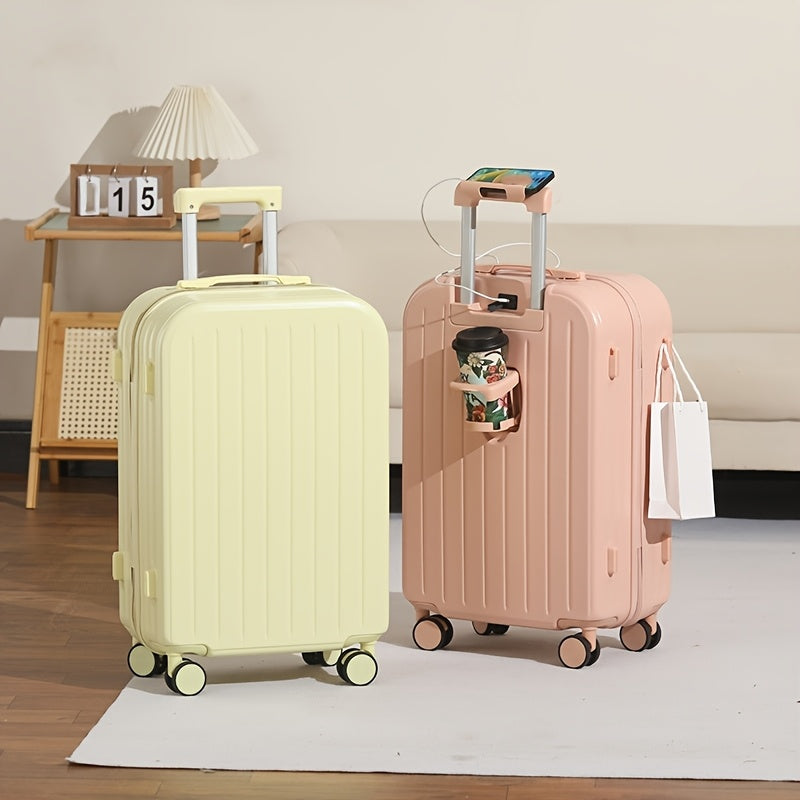 20\u002F24 Inch Stylish PC Zipper Suitcase • Travel Trolley Bag for Women • Featuring a Cup Holder And USB Charging Port
