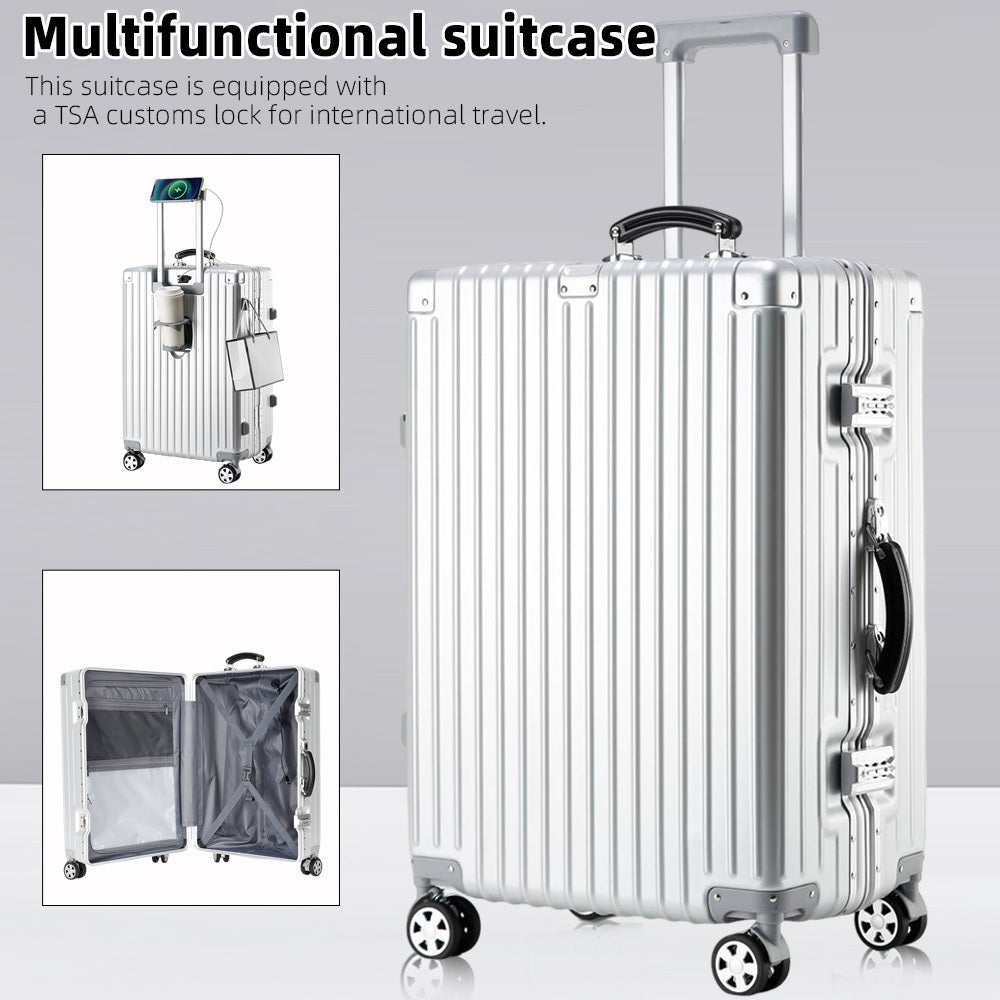 Aluminum Alloy Frame Luggage It Is Equipped with a Cup Holder, Brake Wheels, a Hook, a Built-in USB Charging Port, and a TSA-approved International Combination Lock, Allowing for Smooth Passage Through International Security Checkpoints