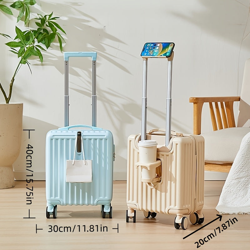 14-Inch Luggage with Swivel Caster Wheels and Cup Holder | ABS+PC Shell, Aluminum Alloy Handle, Zipper Closure, Combination Lock, Ideal for Business Travel