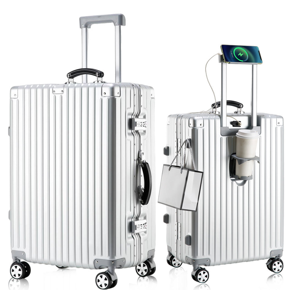 Aluminum Alloy Frame Luggage It Is Equipped with a Cup Holder, Brake Wheels, a Hook, a Built-in USB Charging Port, and a TSA-approved International Combination Lock, Allowing for Smooth Passage Through International Security Checkpoints