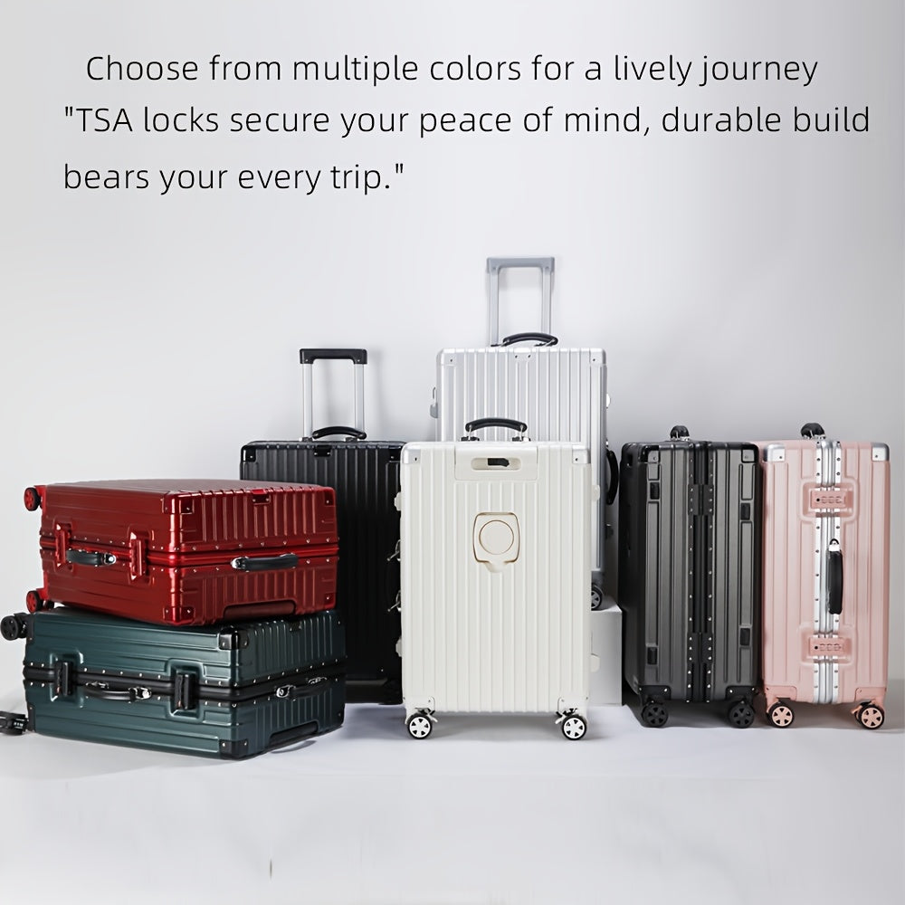 Aluminum Alloy Frame Luggage It Is Equipped with a Cup Holder, Brake Wheels, a Hook, a Built-in USB Charging Port, and a TSA-approved International Combination Lock, Allowing for Smooth Passage Through International Security Checkpoints
